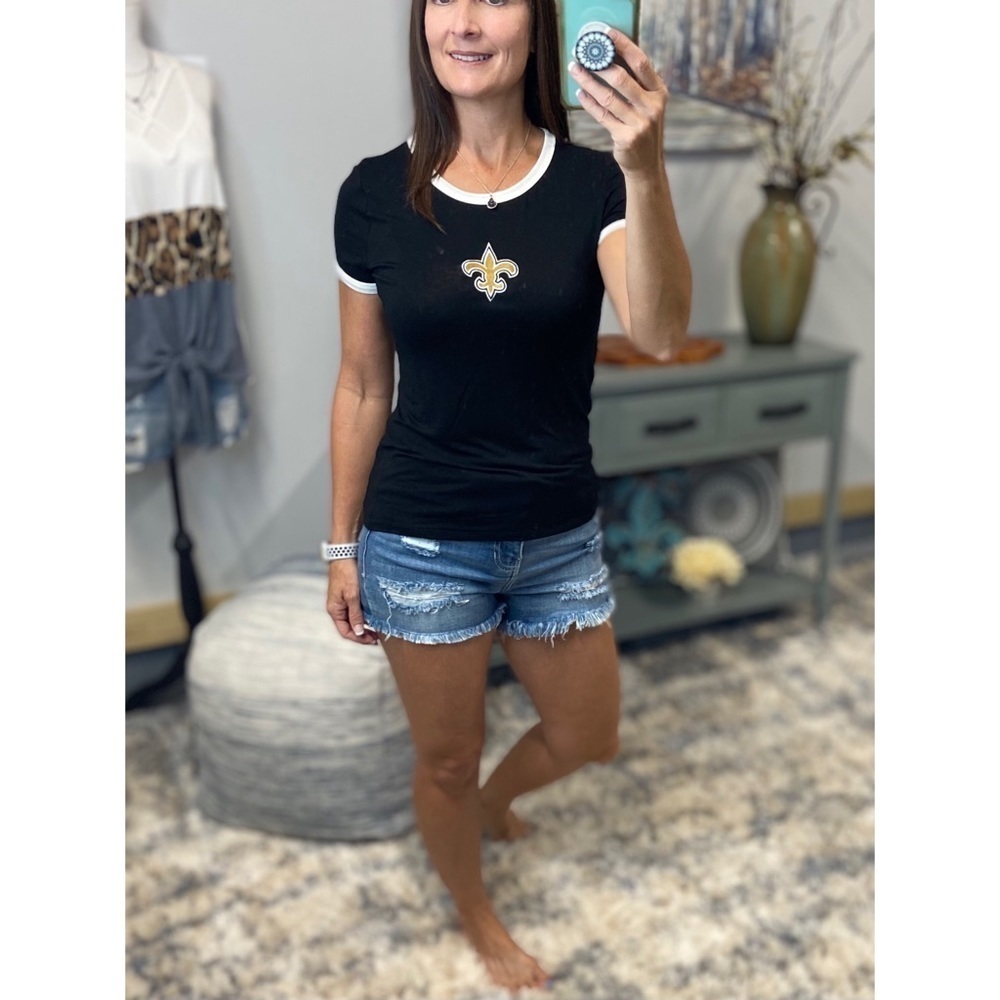 New Orleans Saints Fleur de Lis Contrast Trim Crew Neck  Top Black Ivory 2419